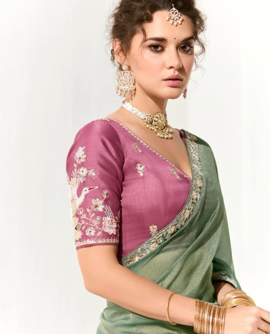 2216 - Fascinating Pista Green Border Work Tissue Silk Traditional Saree With Blouse